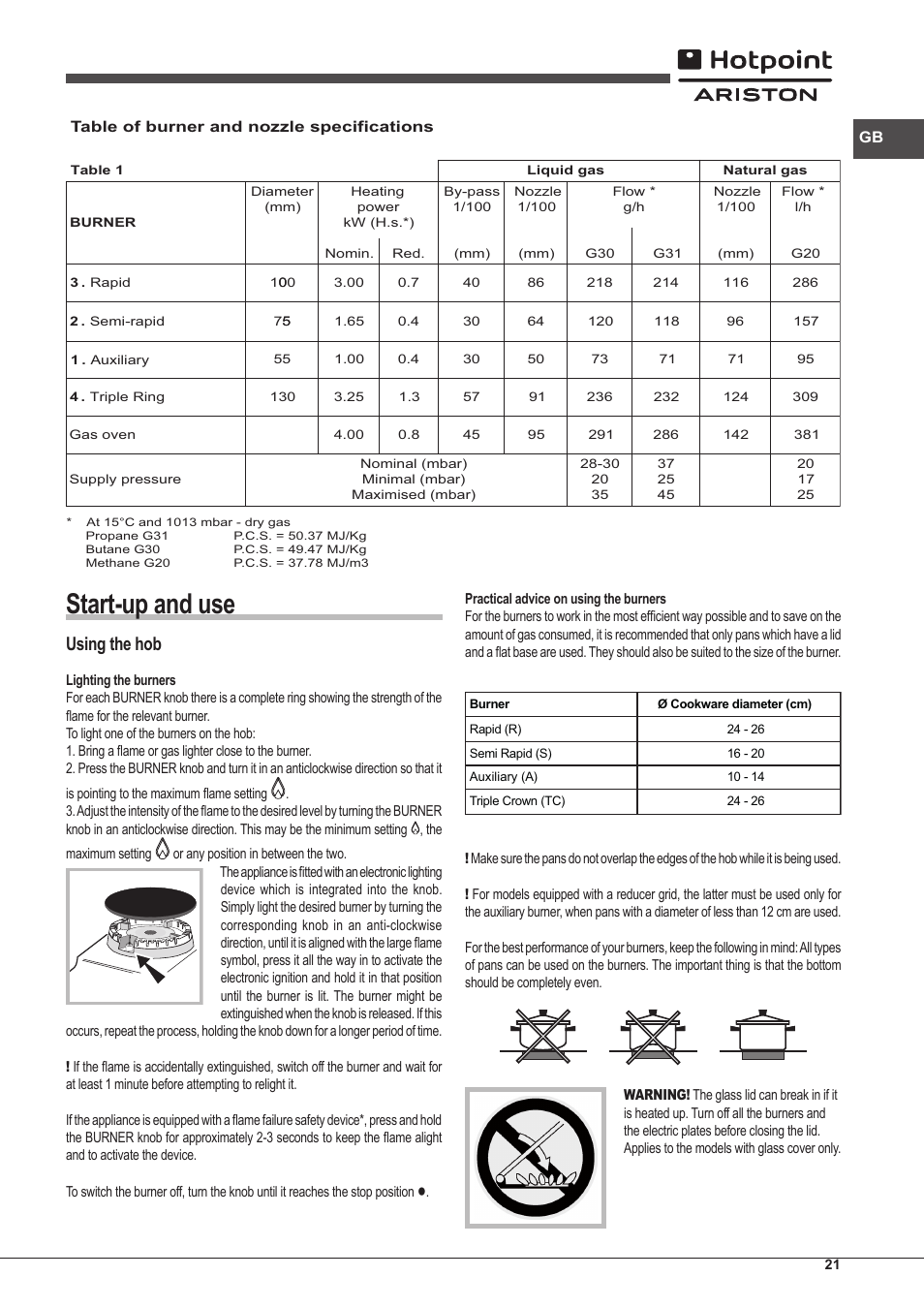 Start-up and use, Using the hob | Hotpoint Ariston CP97SG1 /HA S User Manual | Page 21 / 52