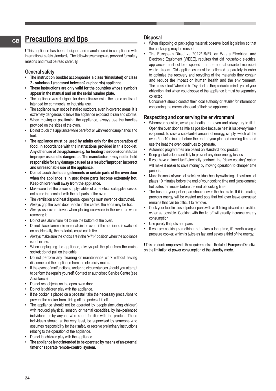 Precautions and tips, General safety, Disposal | Respecting and conserving the environment | Hotpoint Ariston CP97SG1 /HA S User Manual | Page 24 / 52