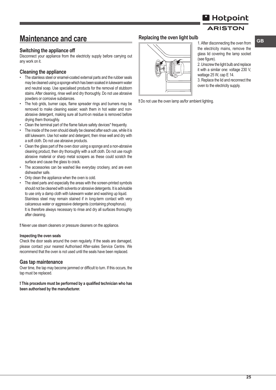 Maintenance and care, Switching the appliance off, Cleaning the appliance | Gas tap maintenance, Replacing the oven light bulb | Hotpoint Ariston CP97SG1 /HA S User Manual | Page 25 / 52