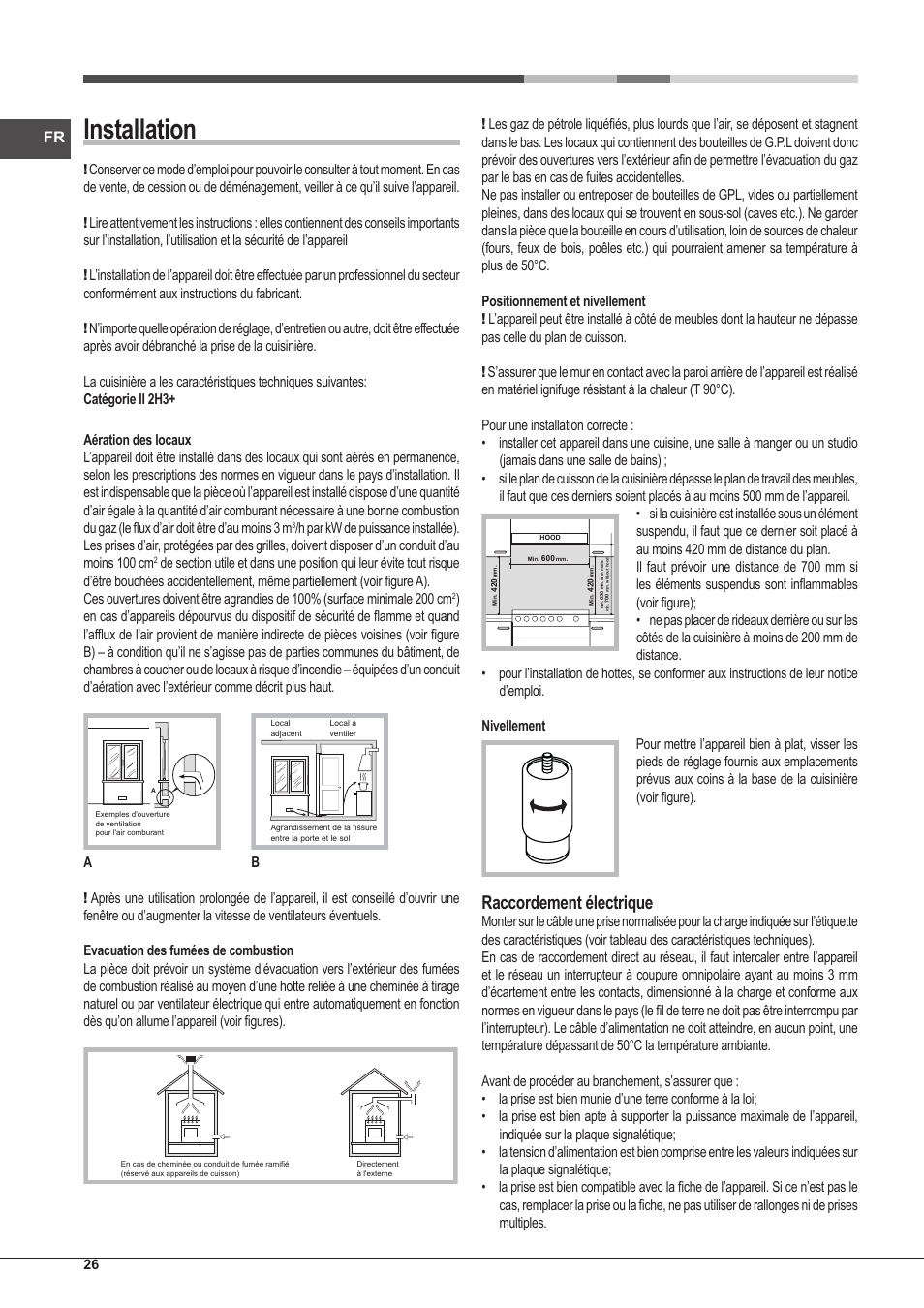 Installation, Raccordement électrique | Hotpoint Ariston CP97SG1 /HA S User Manual | Page 26 / 52