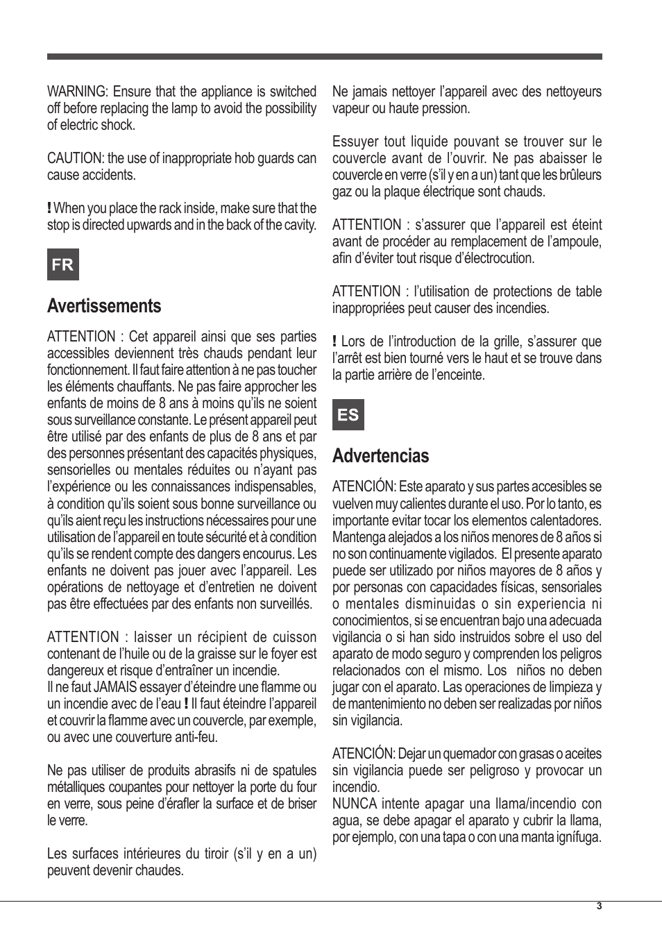 Avertissements, Advertencias | Hotpoint Ariston CP97SG1 /HA S User Manual | Page 3 / 52