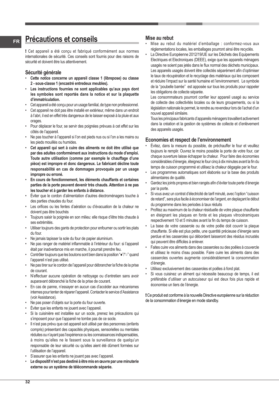 Précautions et conseils, Sécurité générale, Mise au rebut | Economies et respect de l’environnement | Hotpoint Ariston CP97SG1 /HA S User Manual | Page 32 / 52