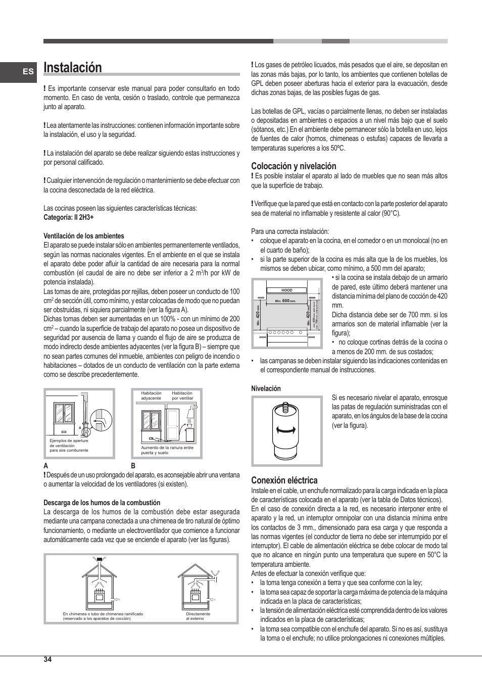 Instalación, Colocación y nivelación, Conexión eléctrica | Hotpoint Ariston CP97SG1 /HA S User Manual | Page 34 / 52