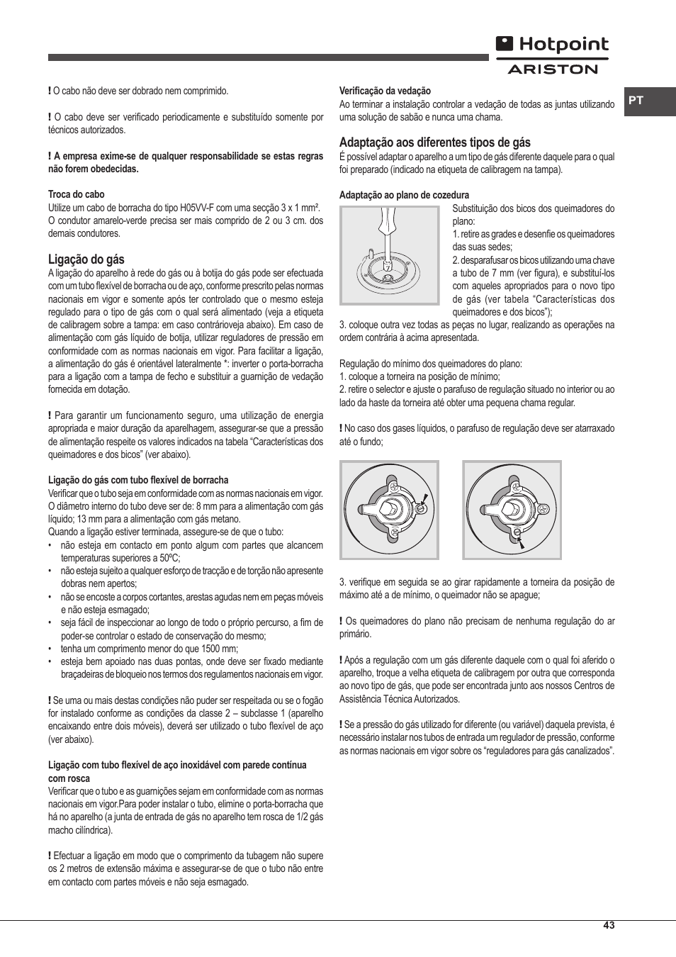 Ligação do gás, Adaptação aos diferentes tipos de gбs | Hotpoint Ariston CP97SG1 /HA S User Manual | Page 43 / 52