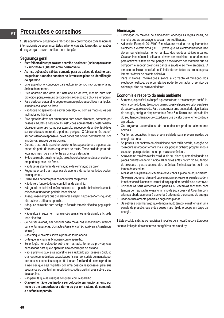 Precauções e conselhos, Segurança geral, Eliminação | Economia e respeito do meio ambiente | Hotpoint Ariston CP97SG1 /HA S User Manual | Page 48 / 52