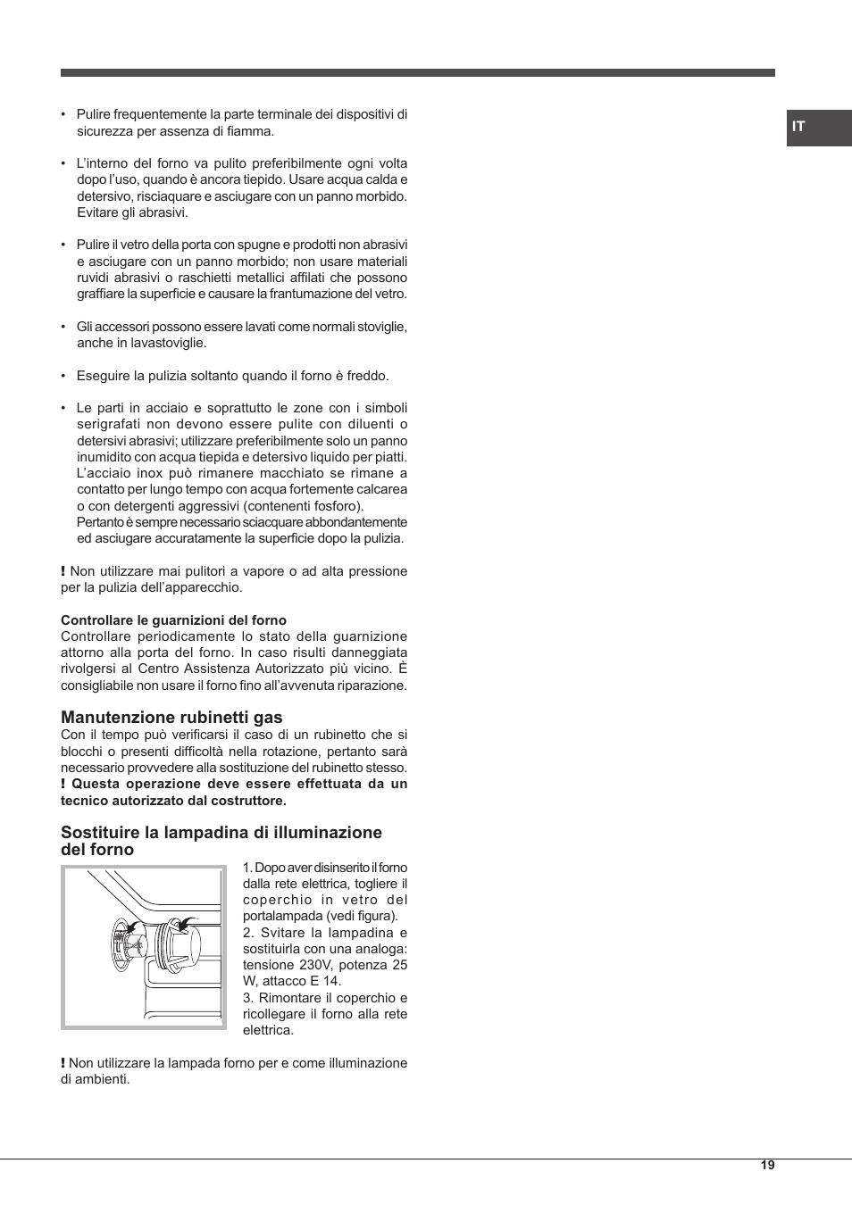 Manutenzione rubinetti gas, Sostituire la lampadina di illuminazione del forno | Hotpoint Ariston CP65SG1 /HA S User Manual | Page 19 / 60