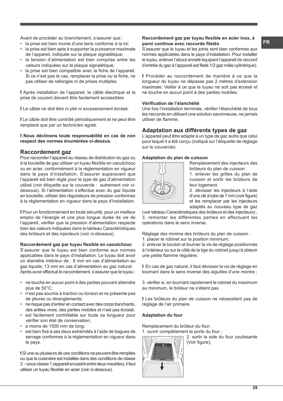 Raccordement gaz, Adaptation aux différents types de gaz | Hotpoint Ariston CP65SG1 /HA S User Manual | Page 29 / 60