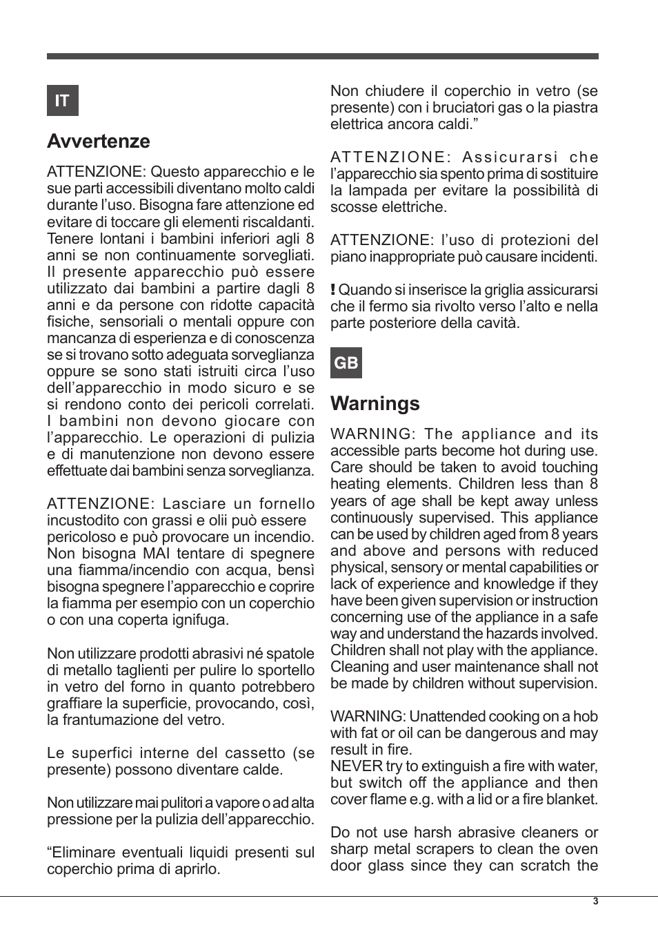 Avvertenze, Warnings | Hotpoint Ariston CP65SG1 /HA S User Manual | Page 3 / 60