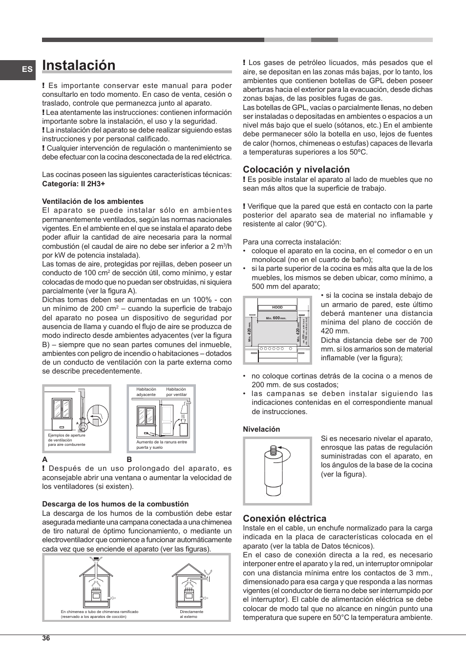 Instalación, Colocación y nivelación, Conexión eléctrica | Hotpoint Ariston CP65SG1 /HA S User Manual | Page 36 / 60