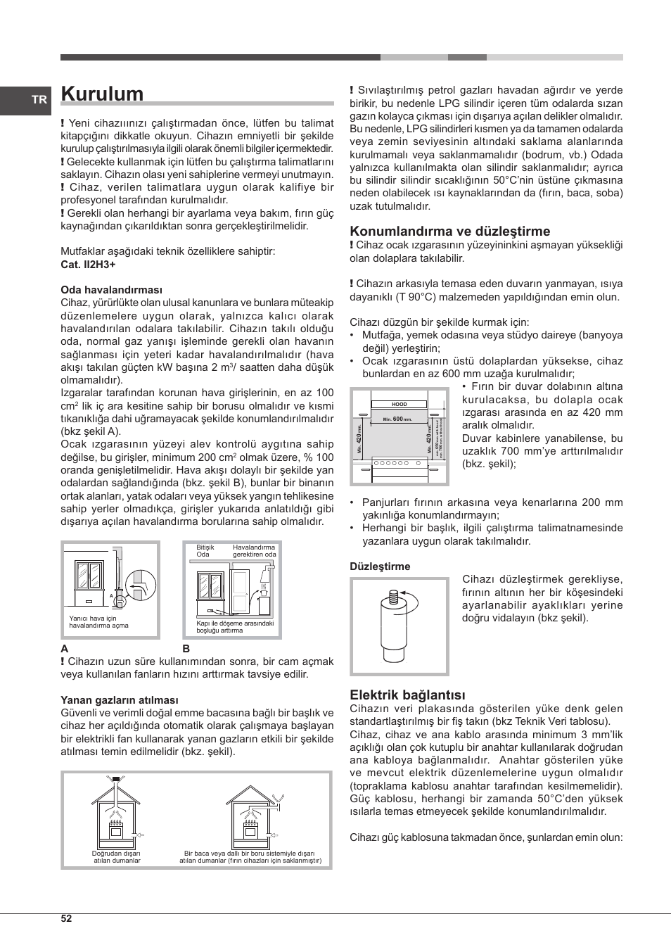 Kurulum, Konumlandırma ve düzleştirme, Elektrik bağlantısı | Hotpoint Ariston CP65SG1 /HA S User Manual | Page 52 / 60