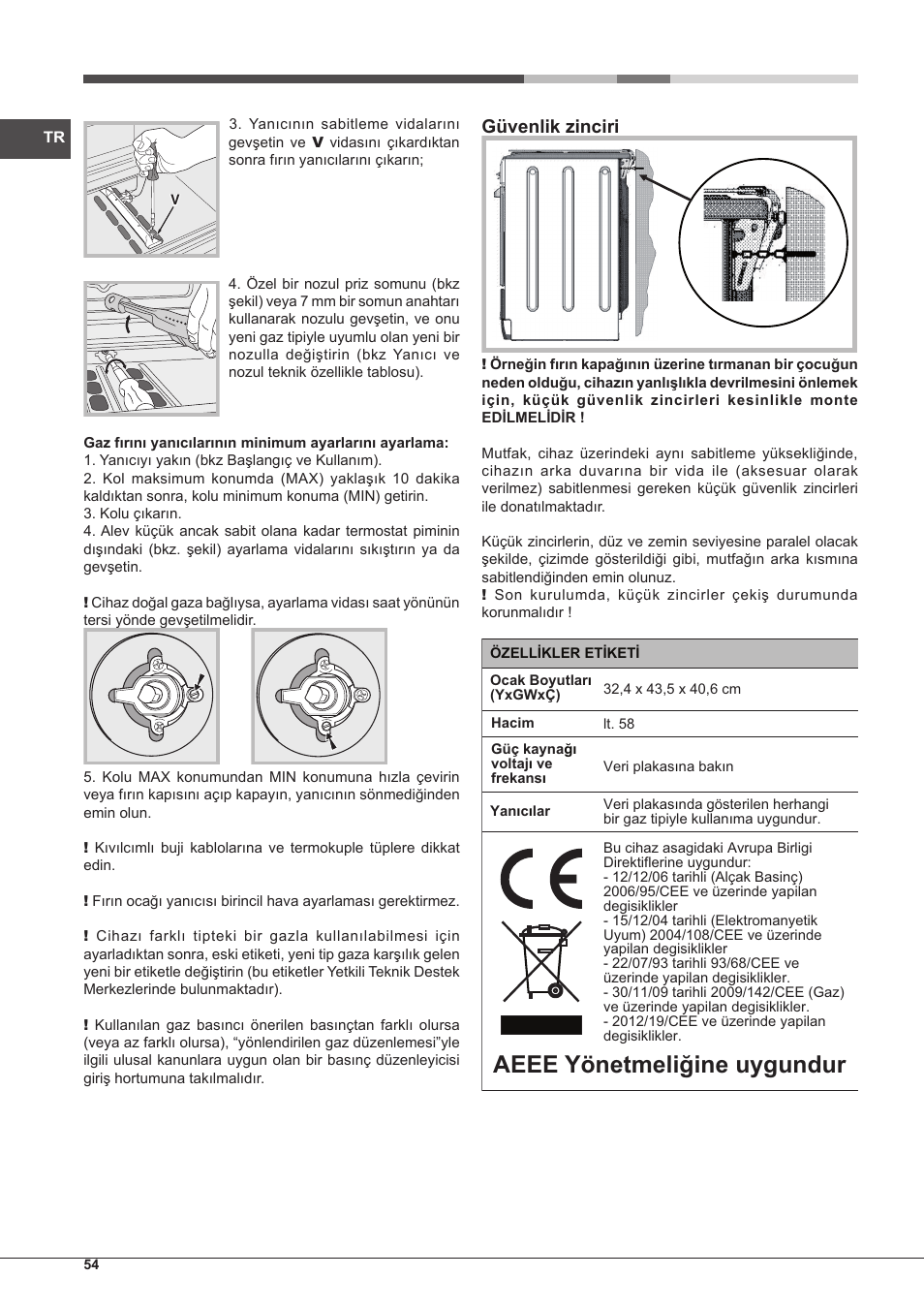 Aeee yönetmeliğine uygundur, Güvenlik zinciri | Hotpoint Ariston CP65SG1 /HA S User Manual | Page 54 / 60