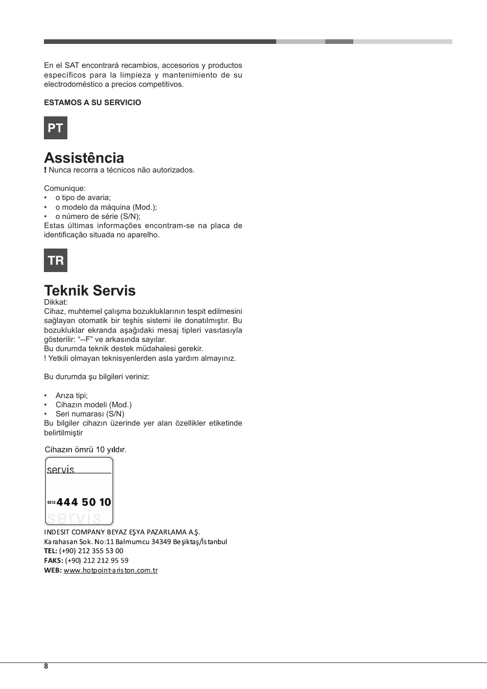 Assistência, Teknik servis | Hotpoint Ariston CP65SG1 /HA S User Manual | Page 8 / 60