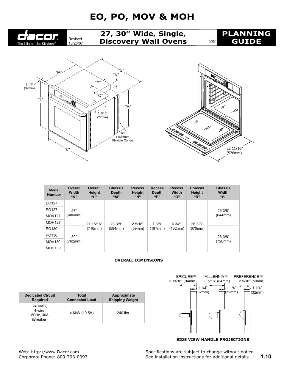 Eo, po, mov & moh, Planning guide, 27, 30” wide, single, discovery wall ovens | Dacor EO User Manual | Page 2 / 2