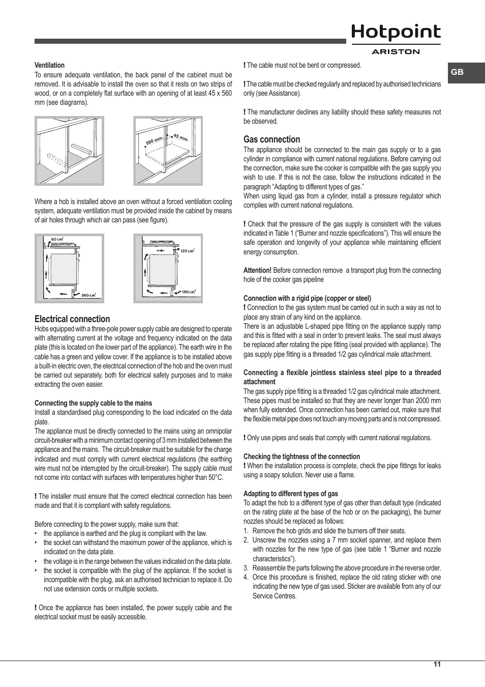 Electrical connection, Gas connection | Hotpoint Ariston PKLL 751 T/IX/HA EE User Manual | Page 11 / 56