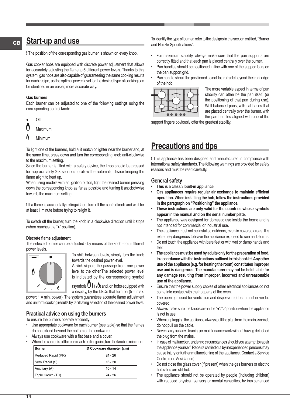 Start-up and use, Precautions and tips, Practical advice on using the burners | General safety | Hotpoint Ariston PKLL 751 T/IX/HA EE User Manual | Page 14 / 56