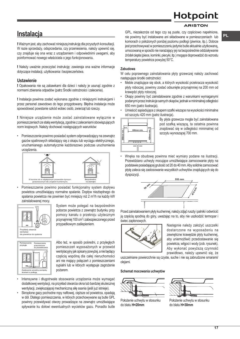 Instalacja, Ustawienie | Hotpoint Ariston PKLL 751 T/IX/HA EE User Manual | Page 17 / 56