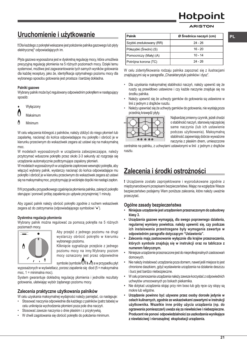 Uruchomienie i użytkowanie, Zalecenia i środki ostrożności, Zalecenia praktyczne użytkowania palników | Ogólne zasady bezpieczeństwa | Hotpoint Ariston PKLL 751 T/IX/HA EE User Manual | Page 21 / 56