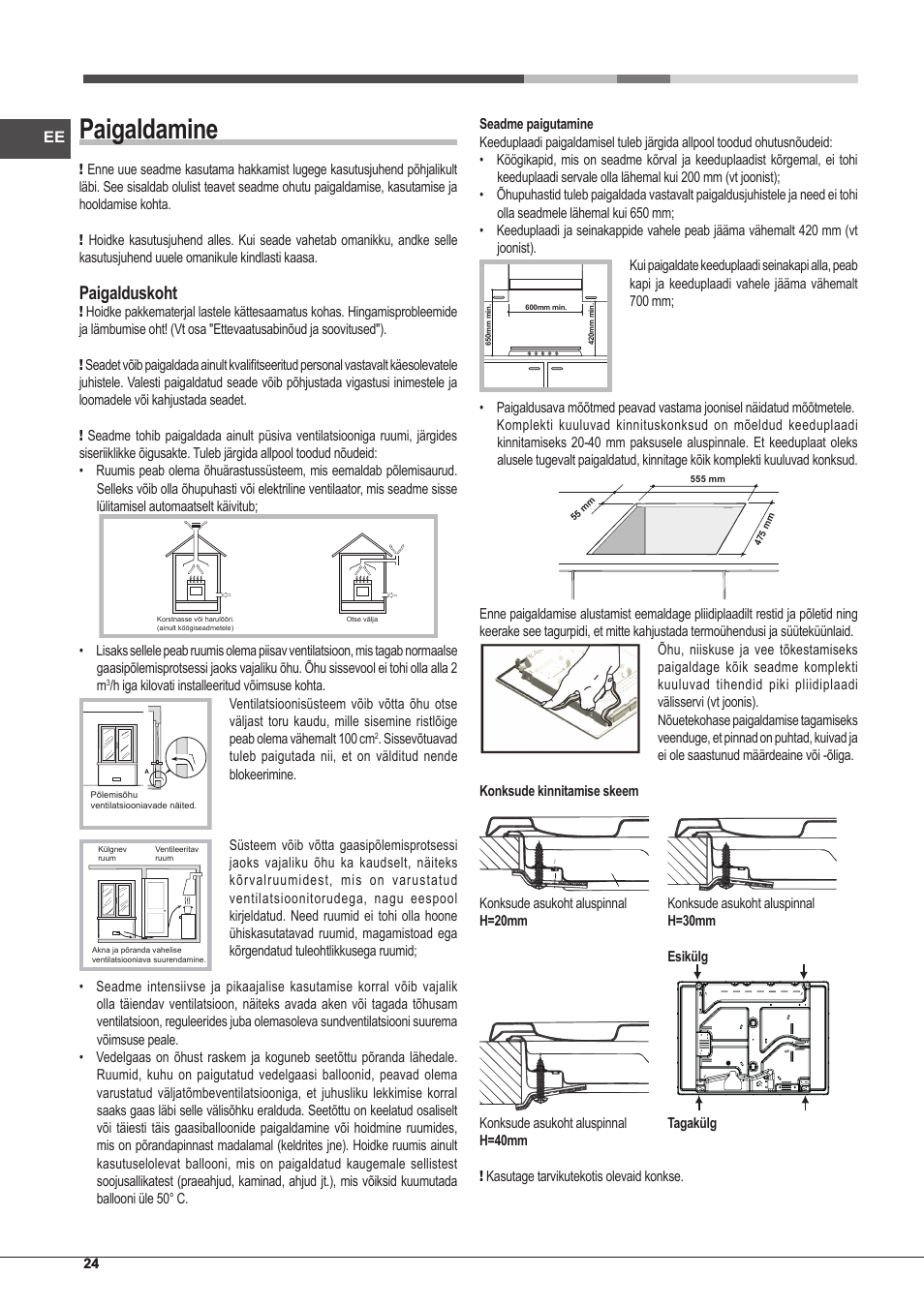 Paigaldamine, Paigalduskoht | Hotpoint Ariston PKLL 751 T/IX/HA EE User Manual | Page 24 / 56