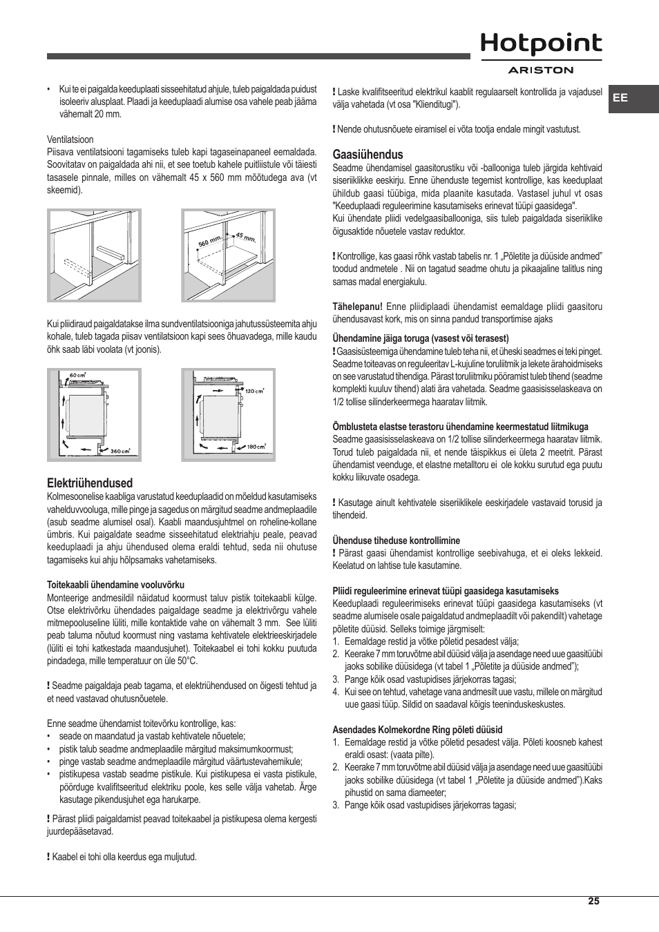 Elektriühendused, Gaasiühendus | Hotpoint Ariston PKLL 751 T/IX/HA EE User Manual | Page 25 / 56