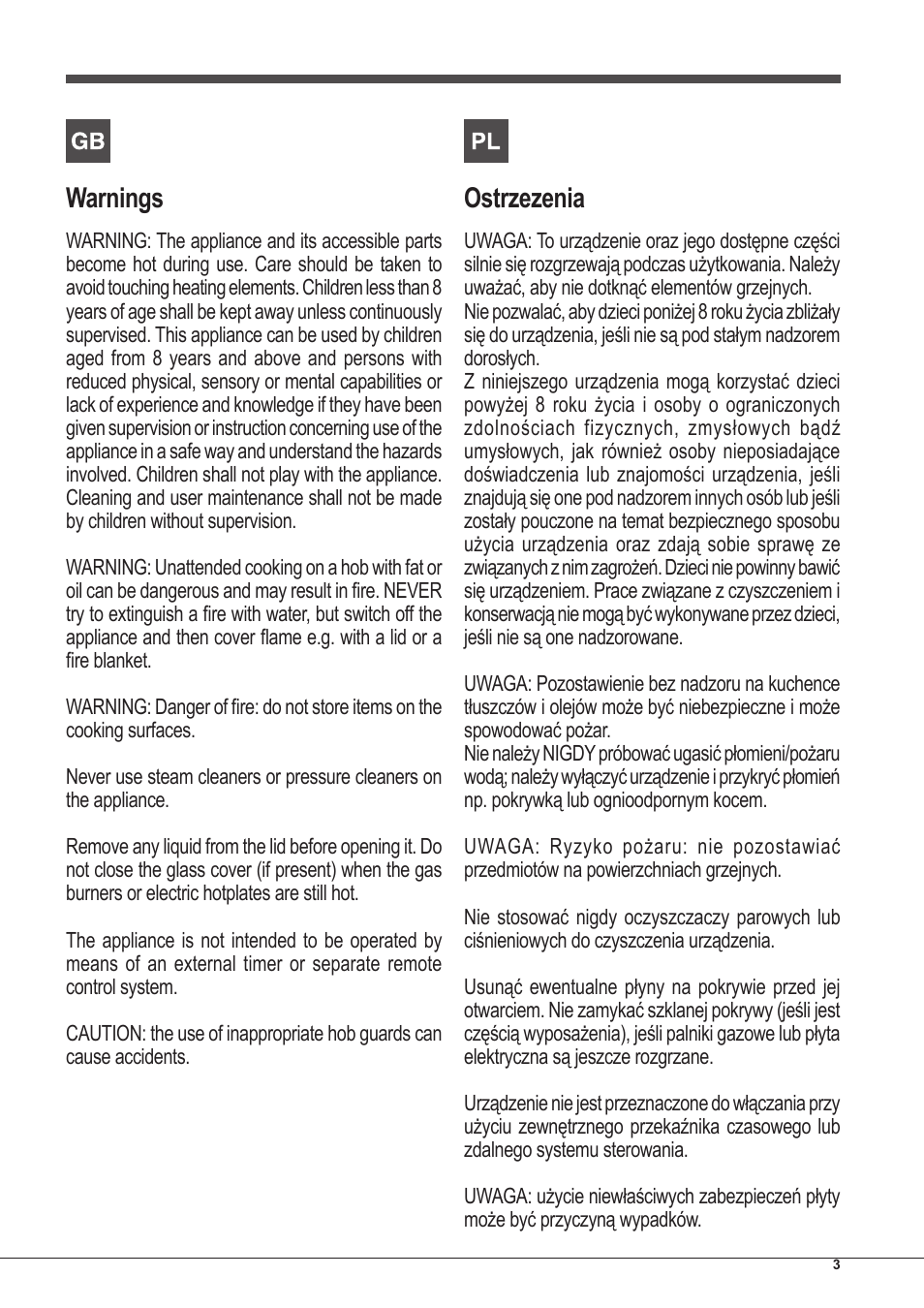 Warnings, Ostrzezenia | Hotpoint Ariston PKLL 751 T/IX/HA EE User Manual | Page 3 / 56