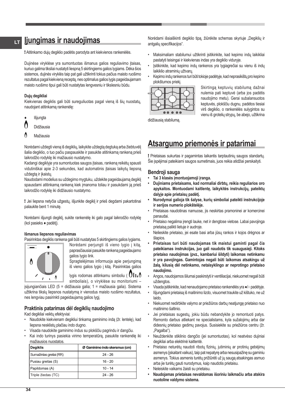 Įjungimas ir naudojimas, Atsargumo priemonės ir patarimai, Praktinis patarimas dėl degiklių naudojimo | Bendroji sauga | Hotpoint Ariston PKLL 751 T/IX/HA EE User Manual | Page 34 / 56