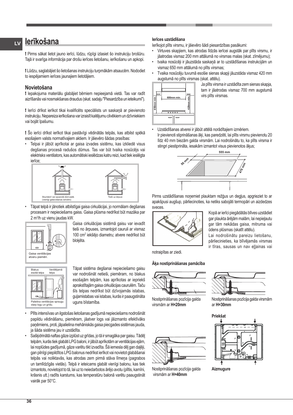 Ierīkošana, Novietošana | Hotpoint Ariston PKLL 751 T/IX/HA EE User Manual | Page 36 / 56