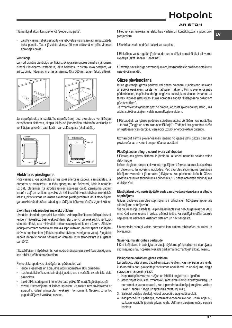 Elektrības pieslēgums, Gāzes pievienošana | Hotpoint Ariston PKLL 751 T/IX/HA EE User Manual | Page 37 / 56