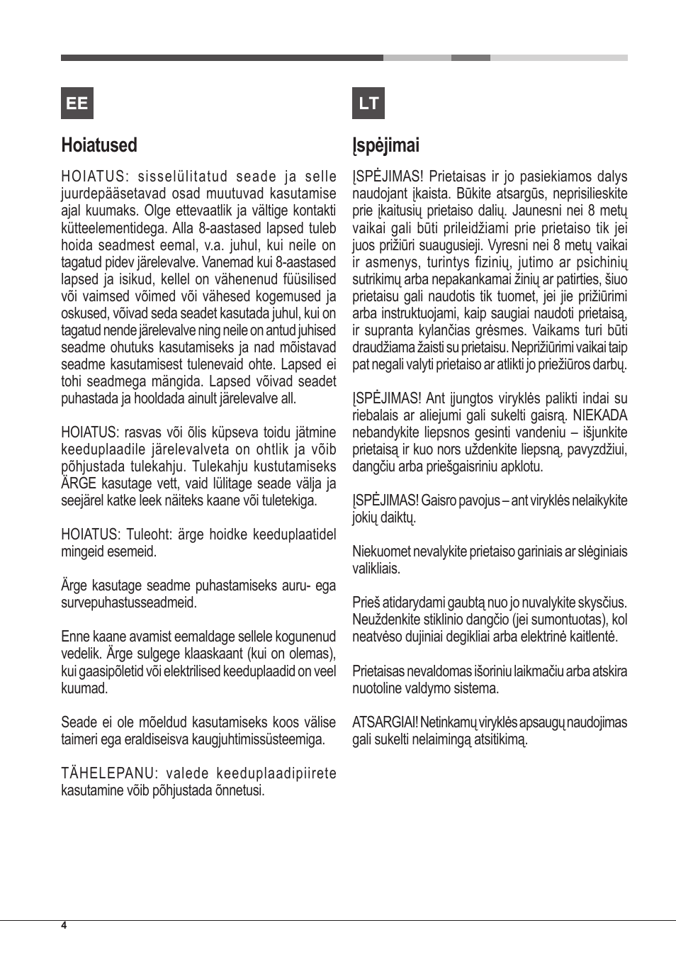 Hoiatused, Įspėjimai | Hotpoint Ariston PKLL 751 T/IX/HA EE User Manual | Page 4 / 56