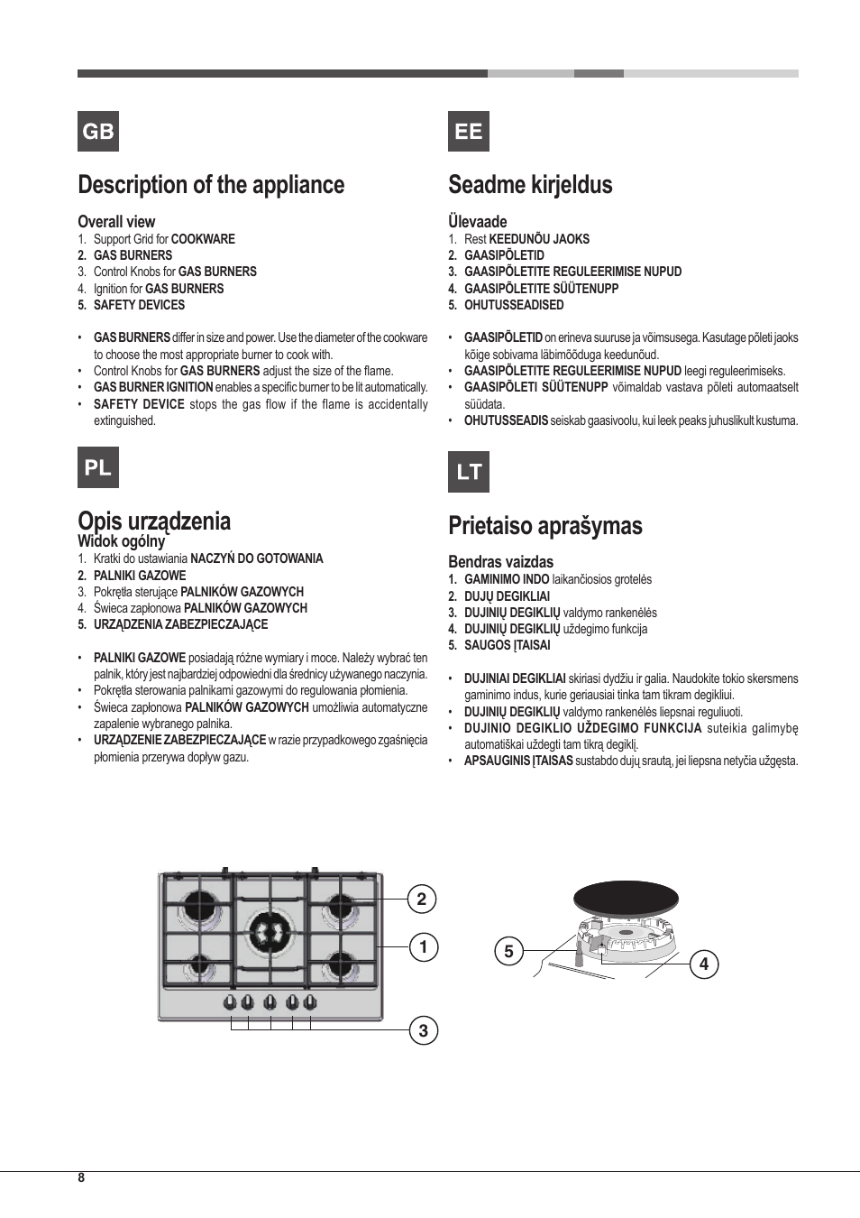 Description of the appliance, Opis urządzenia, Seadme kirjeldus | Prietaiso aprašymas | Hotpoint Ariston PKLL 751 T/IX/HA EE User Manual | Page 8 / 56