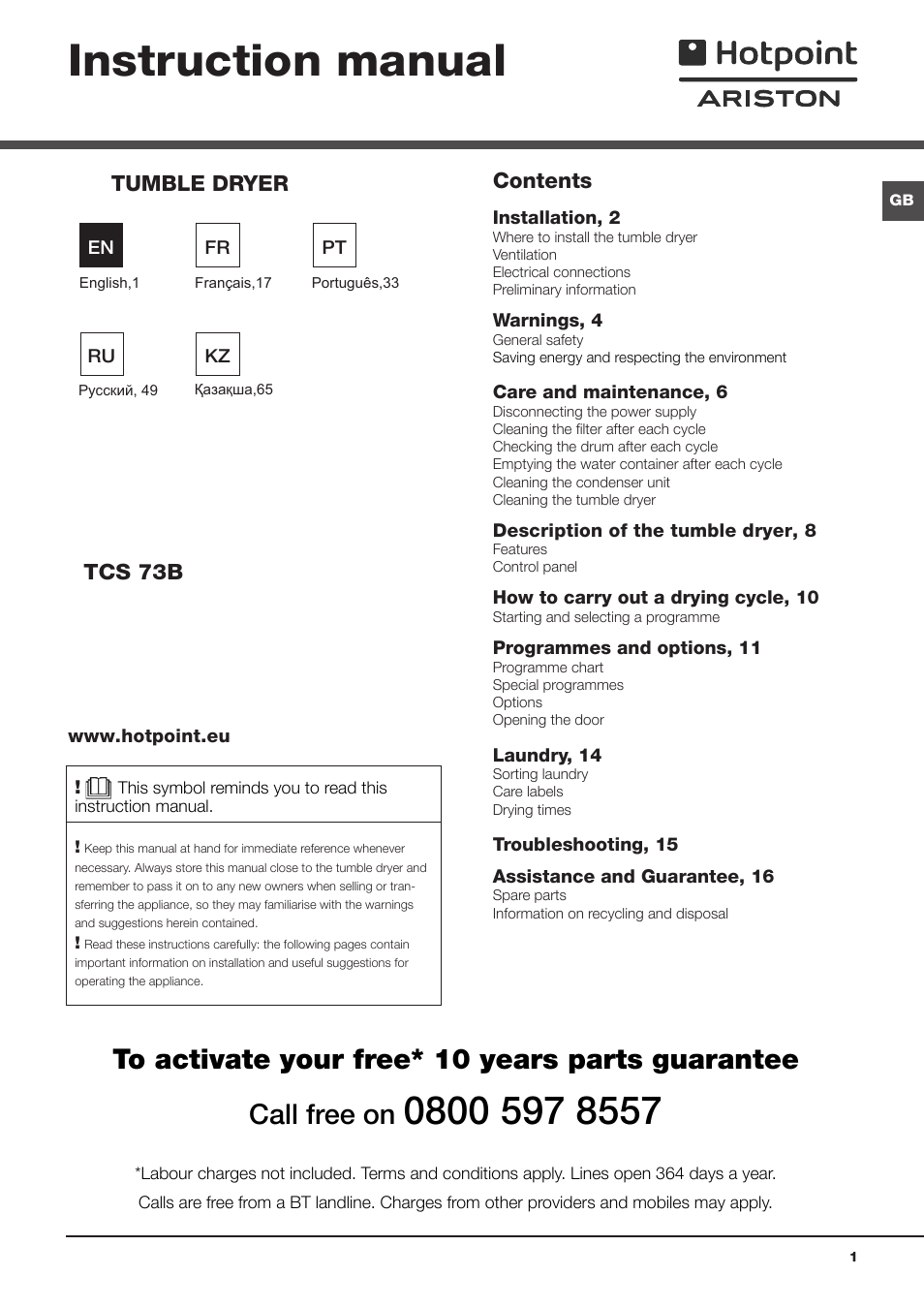 Hotpoint Ariston TCS 73B GP User Manual | 80 pages