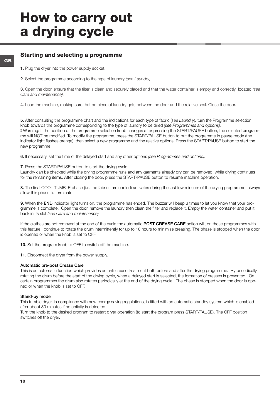 How to carry out a drying cycle | Hotpoint Ariston TCS 73B GP User Manual | Page 10 / 80