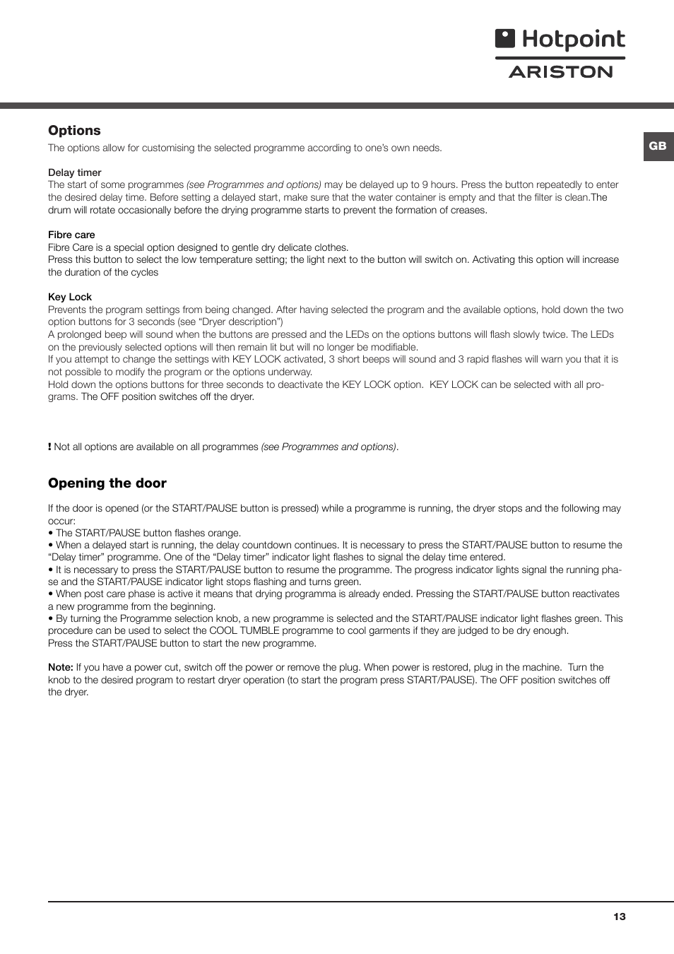 Options, Opening the door | Hotpoint Ariston TCS 73B GP User Manual | Page 13 / 80