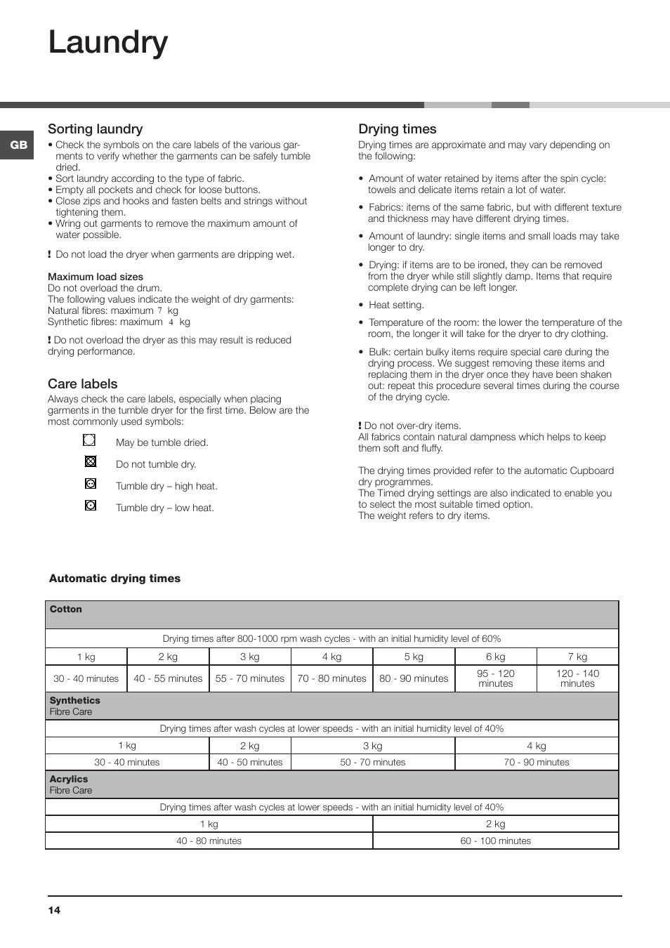 Laundry, Sorting laundry, Care labels | Drying times | Hotpoint Ariston TCS 73B GP User Manual | Page 14 / 80