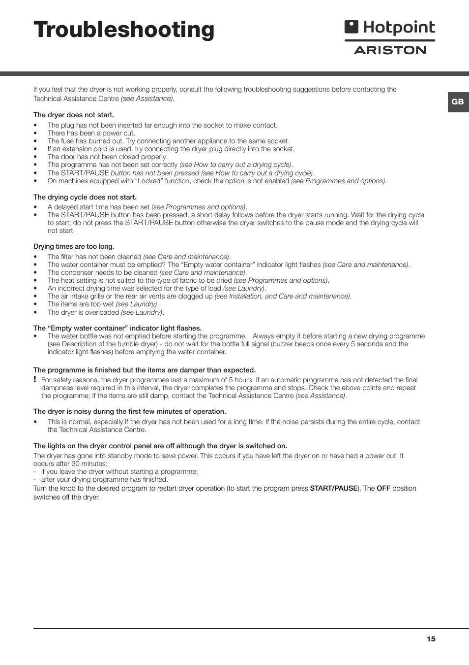 Troubleshooting | Hotpoint Ariston TCS 73B GP User Manual | Page 15 / 80