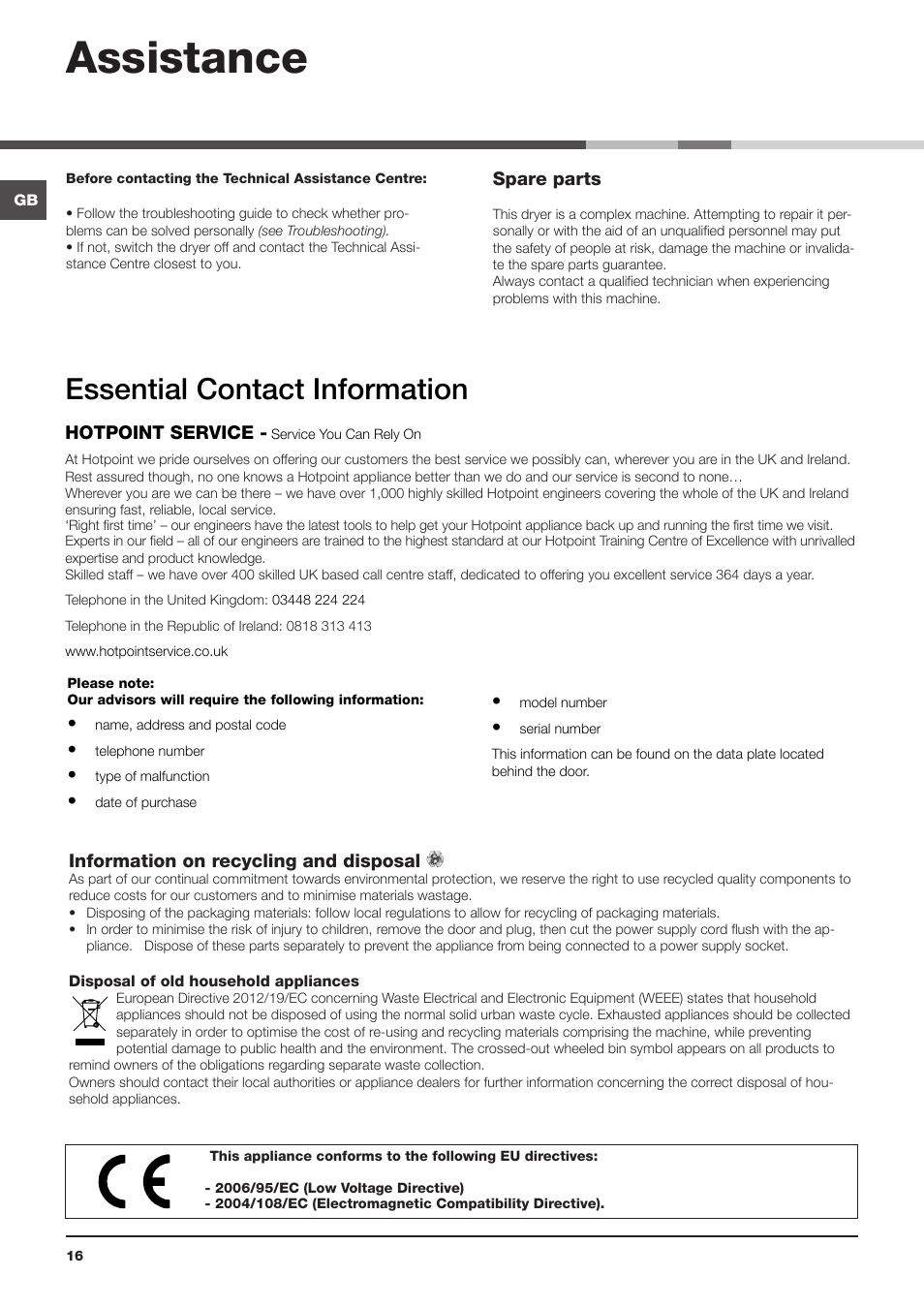 Assistance, Essential contact information | Hotpoint Ariston TCS 73B GP User Manual | Page 16 / 80