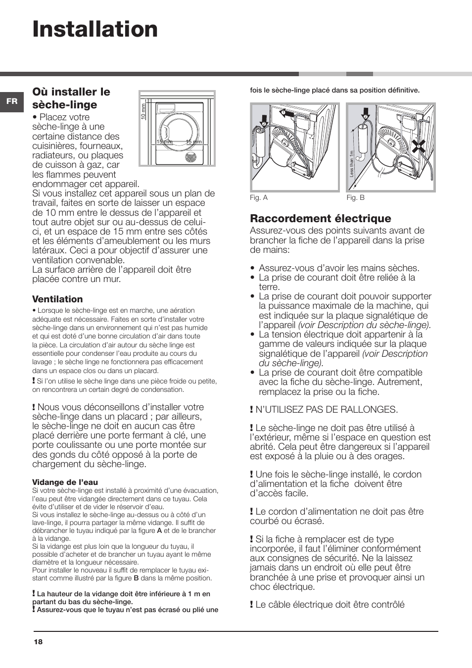 Installation, Où installer le sèche-linge, Raccordement électrique | Hotpoint Ariston TCS 73B GP User Manual | Page 18 / 80