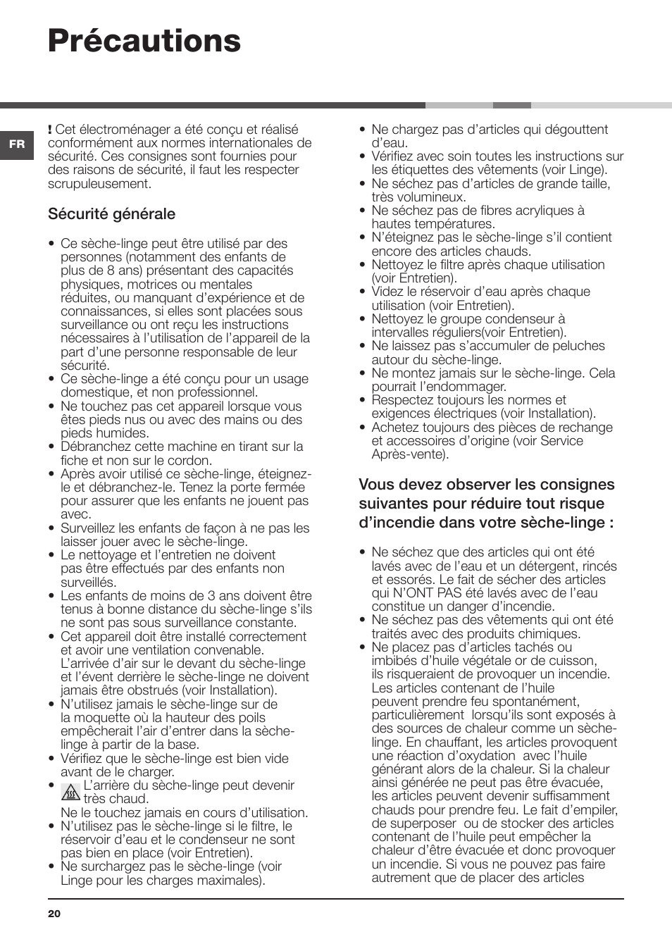 Précautions | Hotpoint Ariston TCS 73B GP User Manual | Page 20 / 80