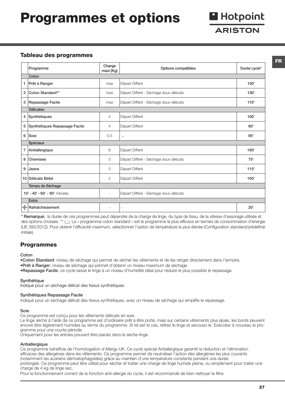 Programmes et options, Tableau des programmes, Programmes | Hotpoint Ariston TCS 73B GP User Manual | Page 27 / 80