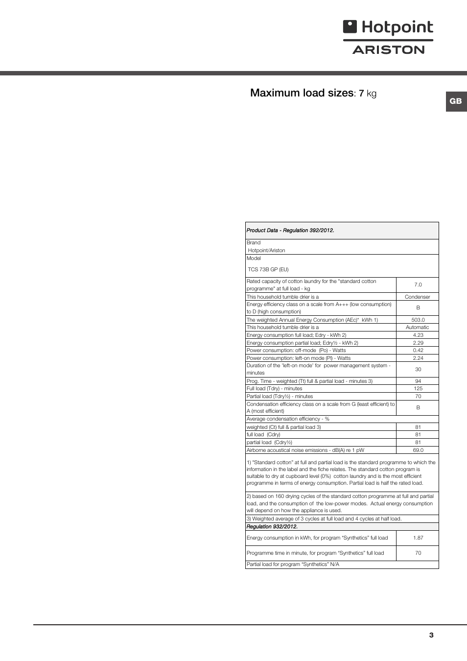 Maximum load sizes, Where to install the tumble dryer, 7 kg | Electrical connections | Hotpoint Ariston TCS 73B GP User Manual | Page 3 / 80