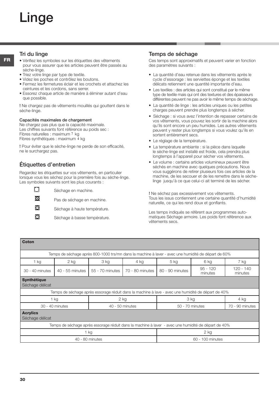 Linge, Tri du linge, Étiquettes d’entretien | Temps de séchage | Hotpoint Ariston TCS 73B GP User Manual | Page 30 / 80