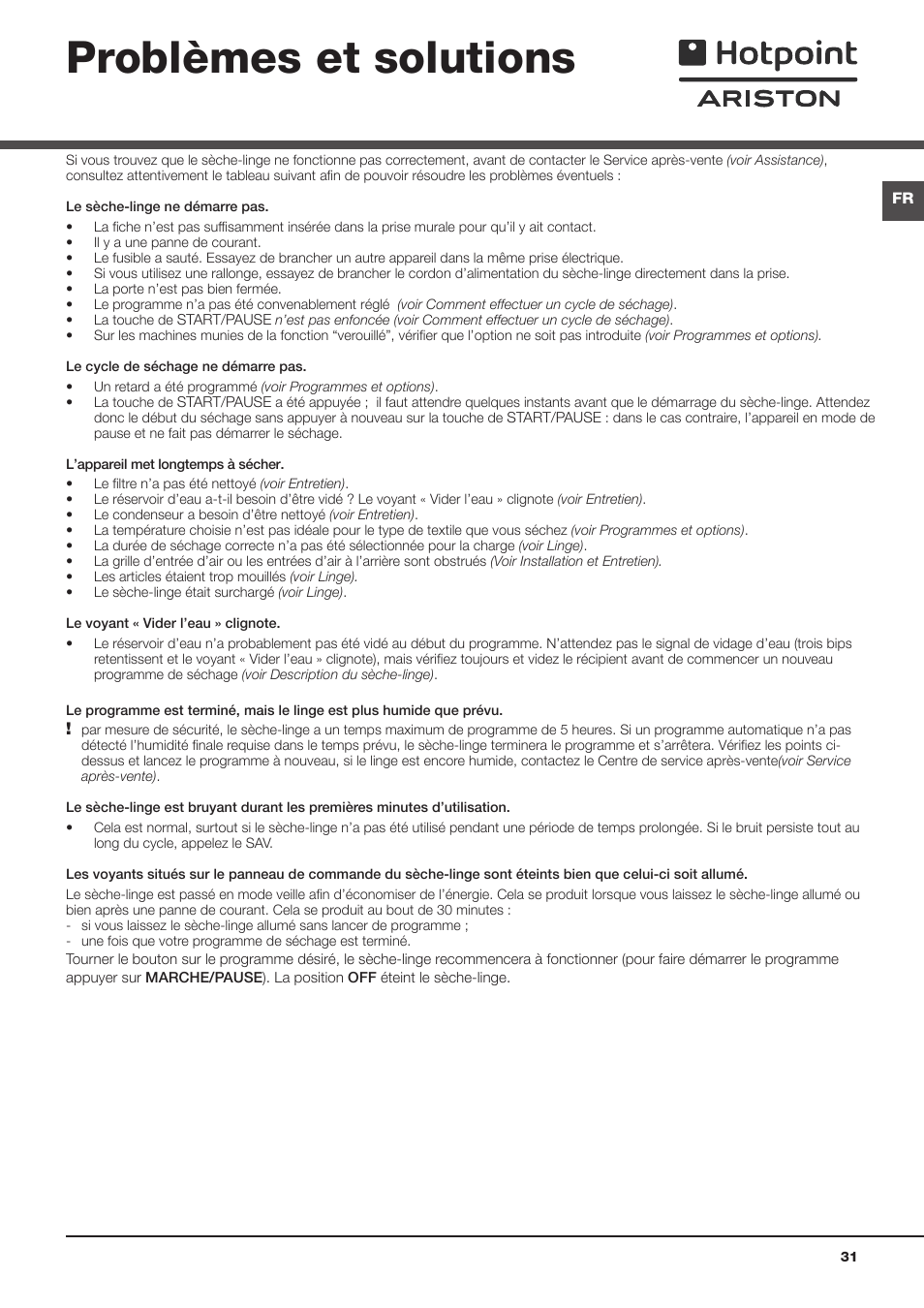 Problèmes et solutions | Hotpoint Ariston TCS 73B GP User Manual | Page 31 / 80