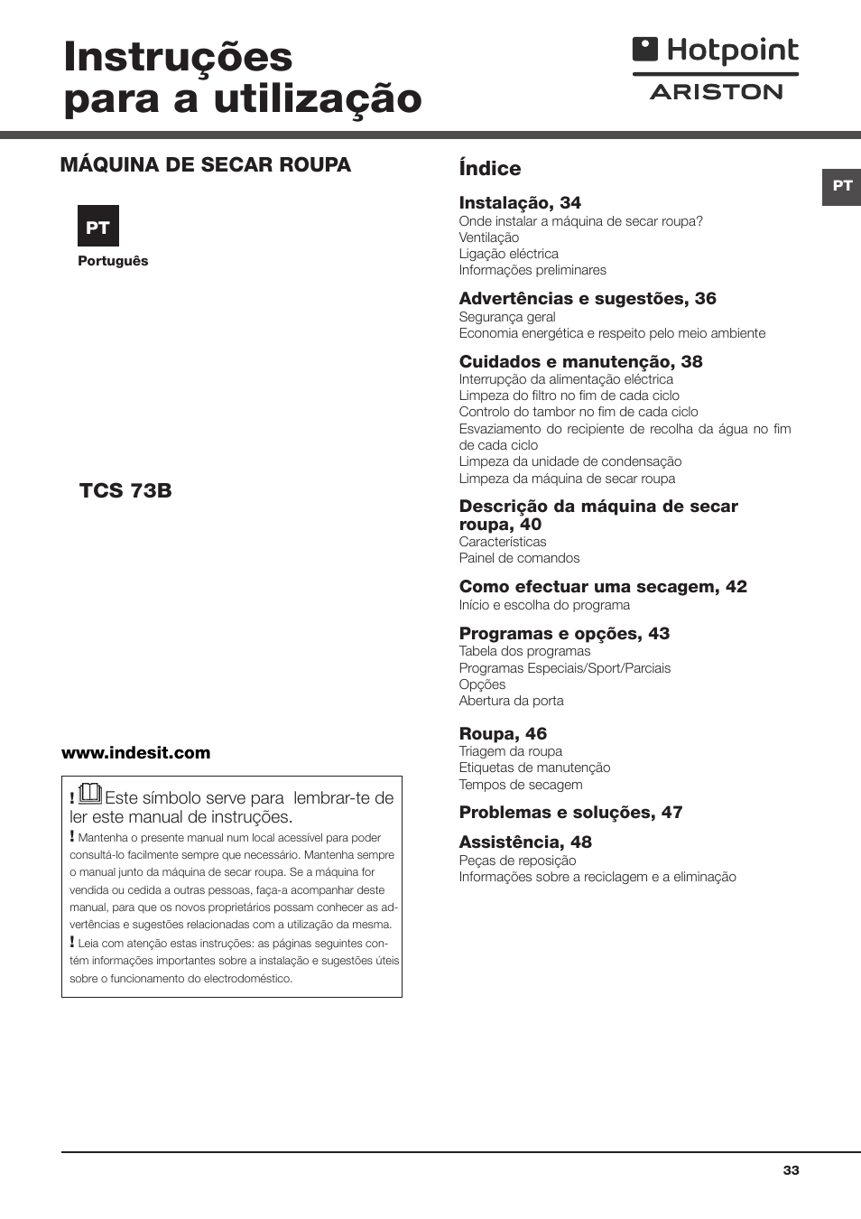 Instruções para a utilização, Máquina de secar roupa, Tcs 73b | Índice | Hotpoint Ariston TCS 73B GP User Manual | Page 33 / 80