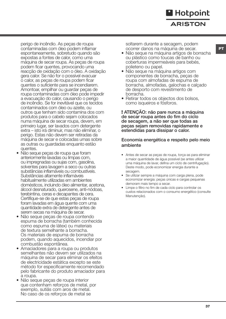 Advertências | Hotpoint Ariston TCS 73B GP User Manual | Page 37 / 80