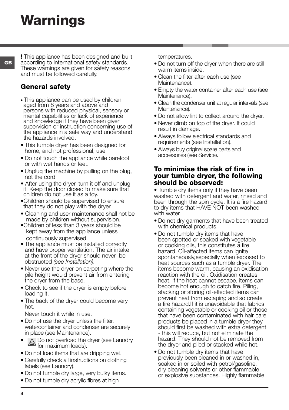 Warnings | Hotpoint Ariston TCS 73B GP User Manual | Page 4 / 80