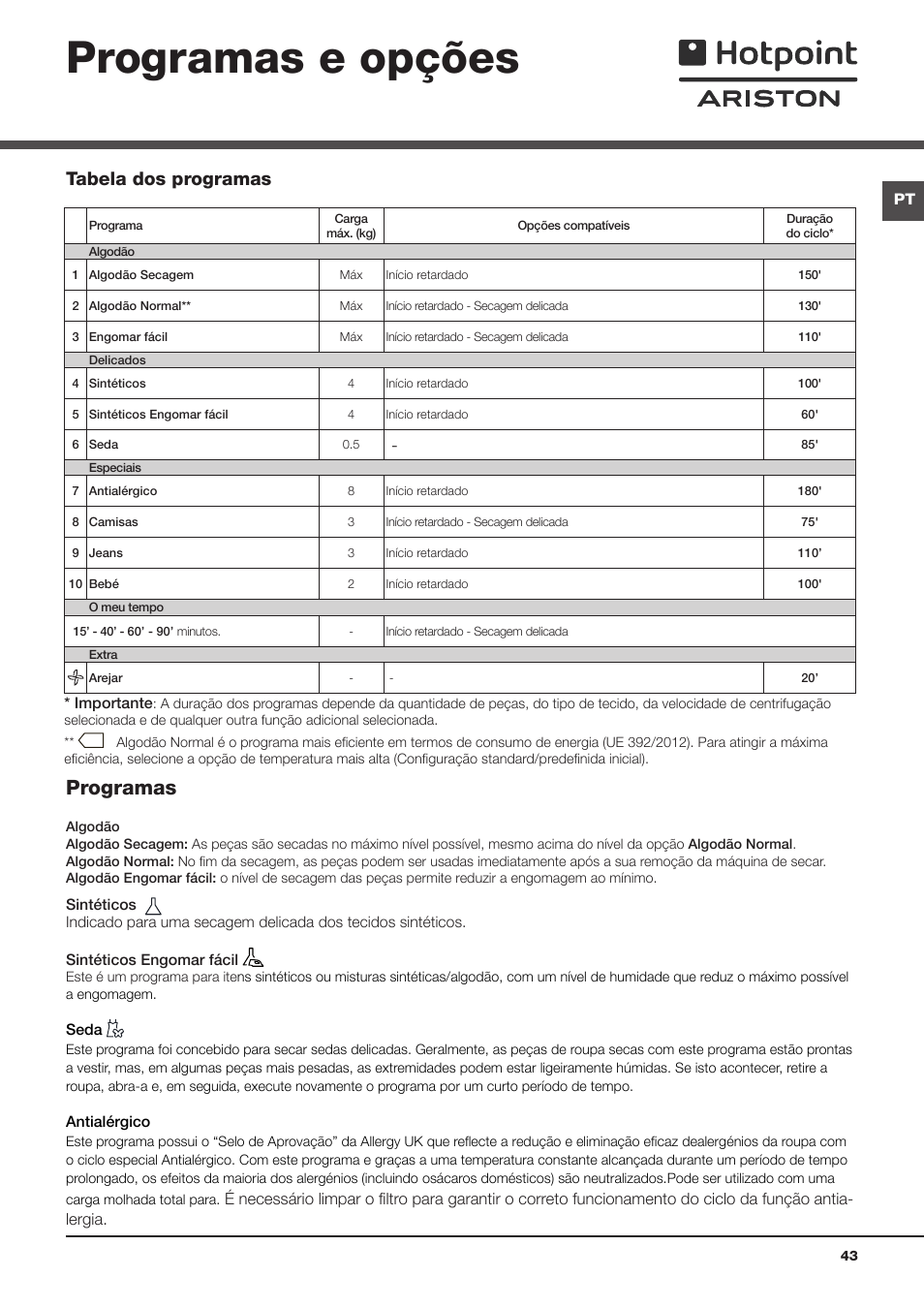 Programas e opções, Programas, Tabela dos programas | Hotpoint Ariston TCS 73B GP User Manual | Page 43 / 80