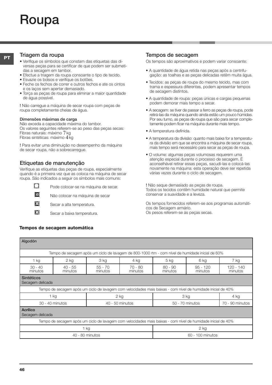 Roupa, Triagem da roupa, Etiquetas de manutenção | Tempos de secagem | Hotpoint Ariston TCS 73B GP User Manual | Page 46 / 80