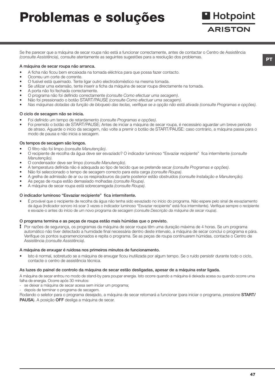Roupa problemas e soluções, Triagem da roupa, Etiquetas de manutenção | Tempos de secagem | Hotpoint Ariston TCS 73B GP User Manual | Page 47 / 80
