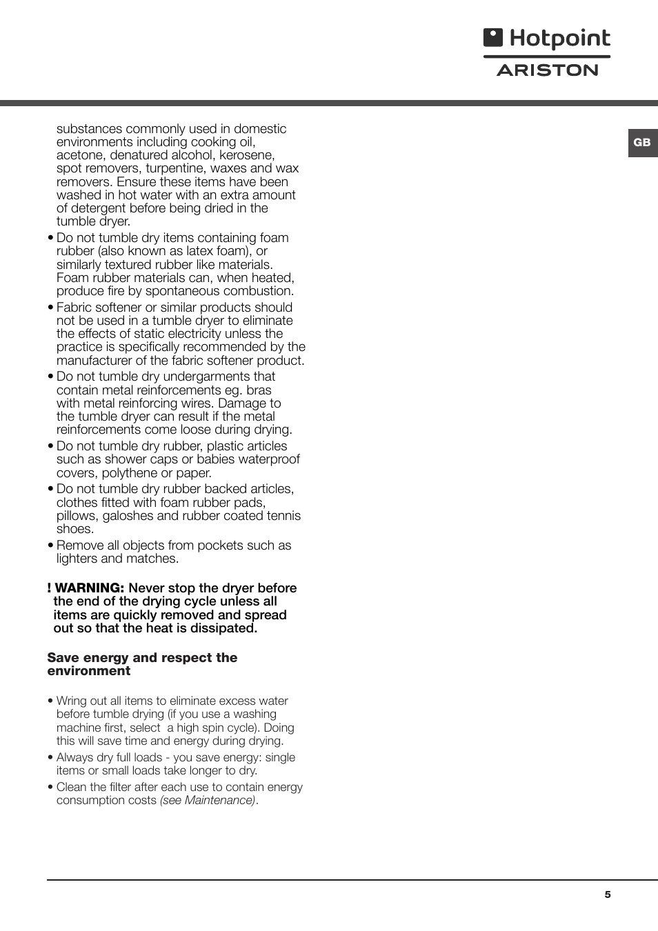 Warnings | Hotpoint Ariston TCS 73B GP User Manual | Page 5 / 80