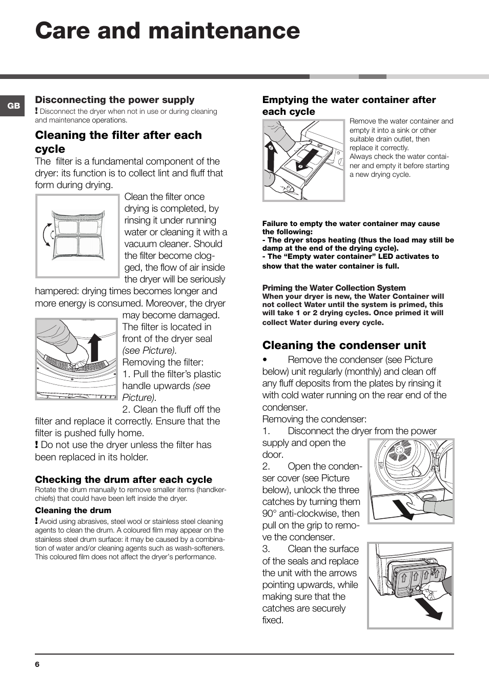 Care and maintenance, Cleaning the filter after each cycle, Cleaning the condenser unit | Hotpoint Ariston TCS 73B GP User Manual | Page 6 / 80