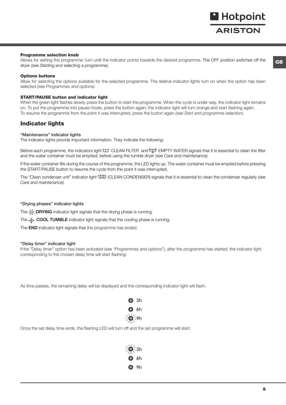 Indicator lights | Hotpoint Ariston TCS 73B GP User Manual | Page 9 / 80